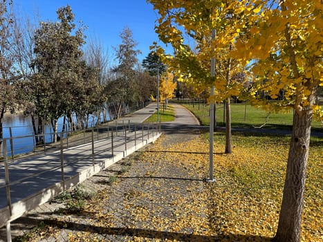 Hiker's point of view along the Tamega river city park in Chaves, Portugal.