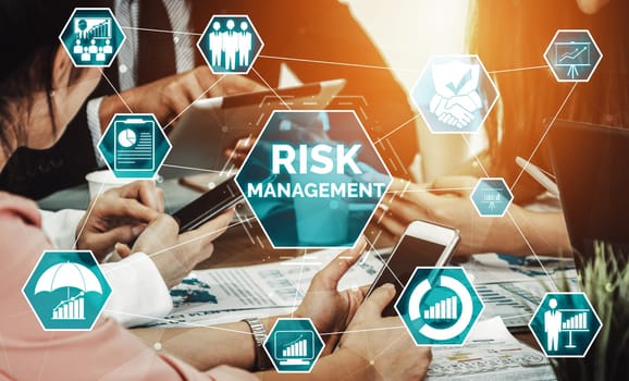 Risk Management and Assessment for Business Investment Concept. Modern interface showing symbols of strategy in risky plan analysis to control unpredictable loss and build financial safety. uds