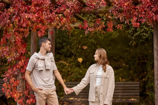 Young couple in love walking in the autumn park holding hands looking in the sunset. Closeup of loving couple holding hands while walking at sunset. The hands of the male and female lovers who hold hands walk forward high with blurred background