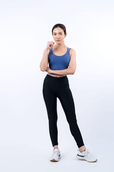 Full body asian woman in sportswear portrait, smiling and posing cheerful gesture. Workout training with attractive girl engage in her pursuit of healthy lifestyle. Isolated background Vigorous