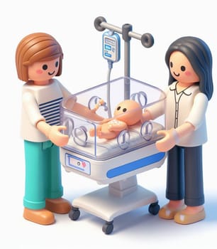 illustration depicting medical staff people at the hospital take care of newborn baby ai generated