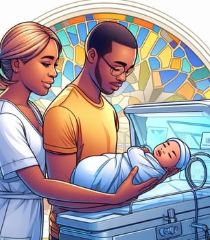 illustration depicting medical staff people at the hospital take care of newborn baby ai generated