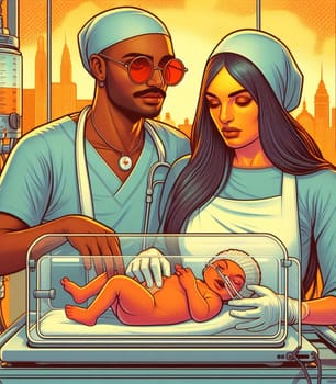 illustration depicting medical staff people at the hospital take care of newborn baby ai generated