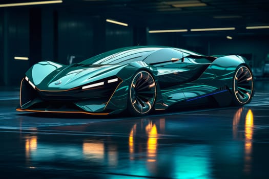 A futuristic car in a parking garage