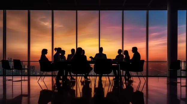 Silhouettes of group of business people against sunset comeliness