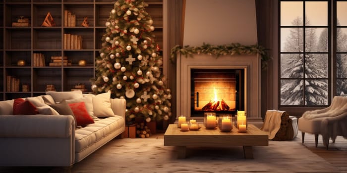 Interior of decorated living room with Christmas tree and comfortable sofa for family comeliness