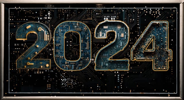 2024 new year, digital technology concept, computer and artificial intelligence, AI for 2024 taintless lifestyle