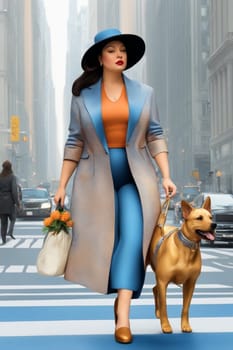 curvy elegant empowered business woman walking with dog in downtown illustration genrative ai art