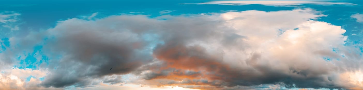 Bright sunset sky panorama with Cirrus clouds. Seamless hdr spherical equirectangular 360 panorama. Sky dome or zenith for 3D visualization, game and sky replacement for aerial drone 360 panoramas.