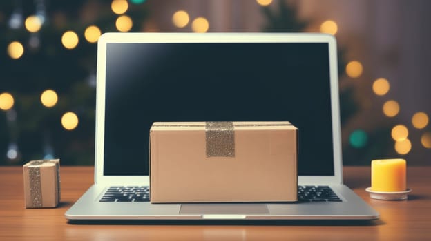 Delivered parcel box on table with laptop blurred home background. Christmas Online shopping. Black Friday sale