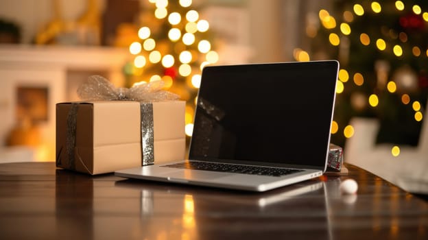 Delivered parcel box on table with laptop blurred home background. Christmas Online shopping. Black Friday sale