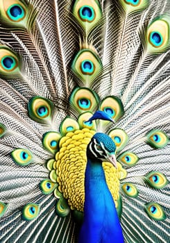 Beautiful peacock with feathers out. Beauty in nature. Animal background.Peacock with feathers out. Close-up of a peacock.