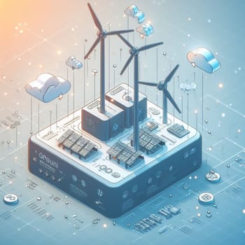 info graphic isometric depicting a set of clean energyy generation icons and situation for better future ai art