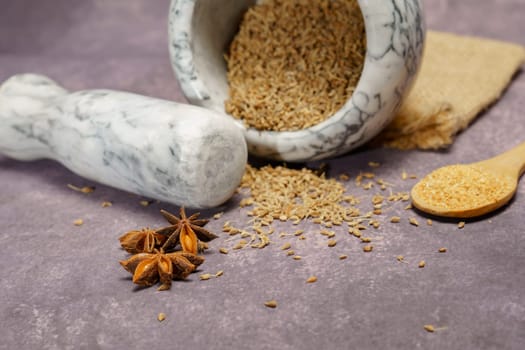 Whole dried anise seeds (Pimpinella anisum) in a ceramic mortar and pestle, with ground anise and star anise