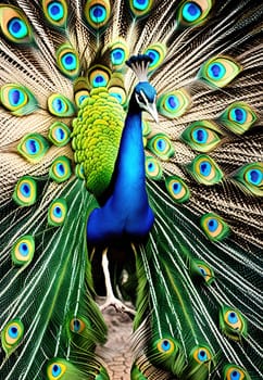 Beautiful peacock with feathers out. Beauty in nature. Animal background.Peacock with feathers out. Close-up of a peacock.