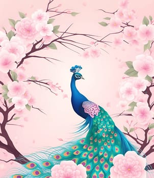 Peacock and cherry blossom background vector illustration. spring season