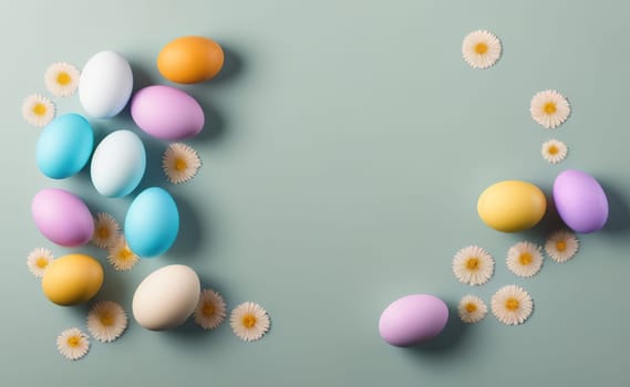 Minimalist, modern Easter background with flowers and Easter eggs in pastel colors with lots of free space on a soft blue background