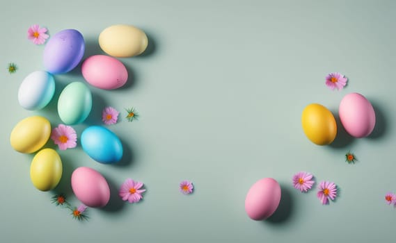 Minimalist, modern Easter background with flowers and Easter eggs in pastel colors with lots of free space on a soft blue background