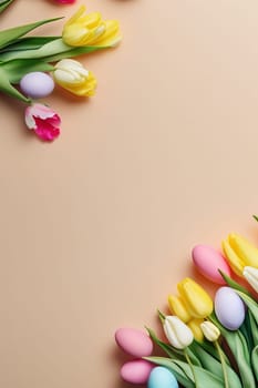 Colorful tulips and eggs lying on teal beige background with copy space for easter celebration