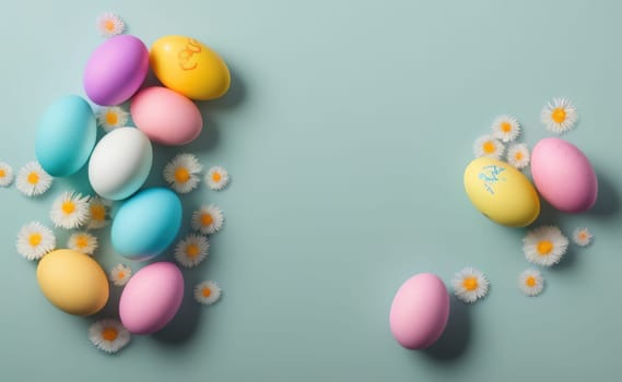 Minimalist, modern Easter background with flowers and Easter eggs in pastel colors with lots of free space on a soft blue background