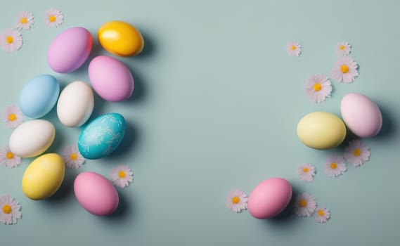 Minimalist, modern Easter background with flowers and Easter eggs in pastel colors with lots of free space on a soft blue background