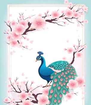 Peacock and cherry blossom background vector illustration. spring season