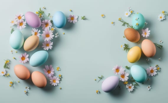 Happy easter background with flowers and eggs lined with a frame for text pastel colors with lots of free space on a pale blue background