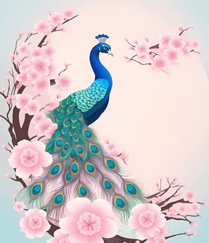 Peacock and cherry blossom background vector illustration. spring season