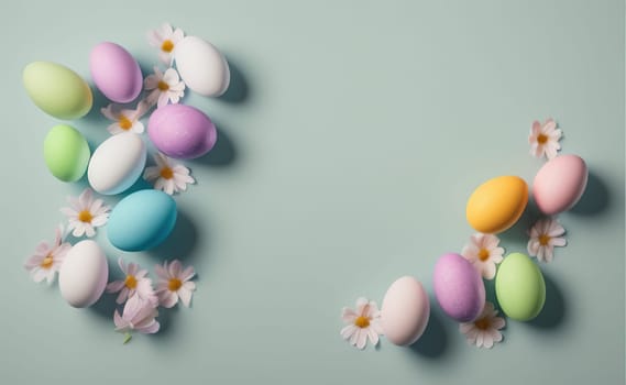 Minimalist, modern Easter background with flowers and Easter eggs in pastel colors with lots of free space on a soft blue background