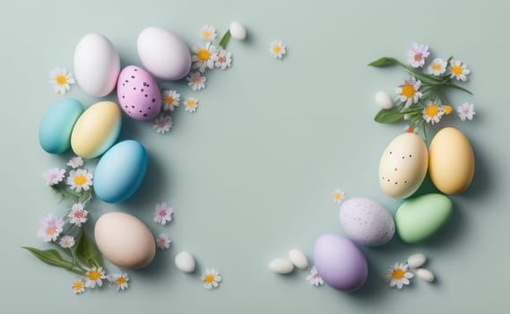 Happy easter background with flowers and eggs lined with a frame for text pastel colors with lots of free space on a pale blue background