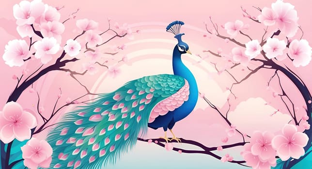 Peacock and cherry blossom background vector illustration. spring season