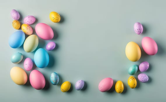 Happy easter background with flowers and eggs lined with a frame for text pastel colors with lots of free space on a pale blue background