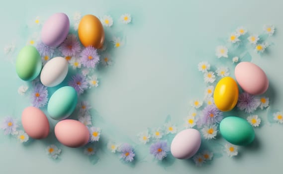 Happy easter background with flowers and eggs lined with a frame for text pastel colors with lots of free space on a pale blue background