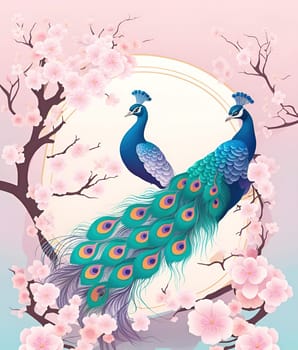 Peacock and cherry blossom background vector illustration. spring season