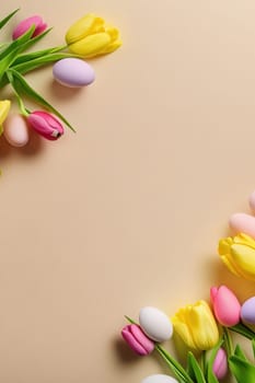 Colorful tulips and eggs lying on teal beige background with copy space for easter celebration