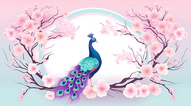 Peacock and cherry blossom background vector illustration. spring season