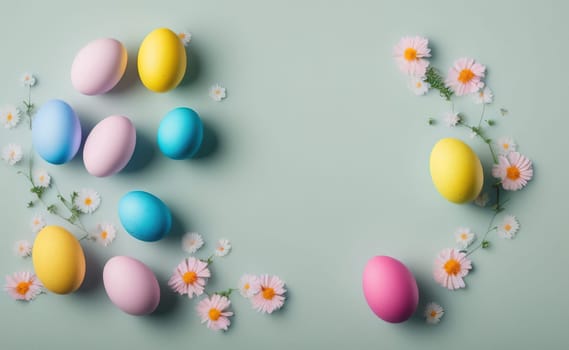 Minimalist, modern Easter background with flowers and Easter eggs in pastel colors with lots of free space on a soft blue background