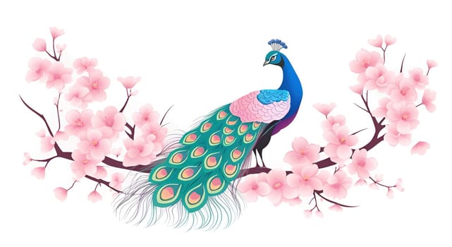 Peacock and cherry blossom background vector illustration. spring season