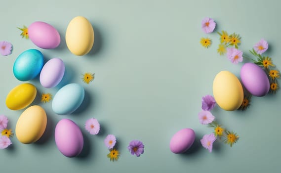 Minimalist, modern Easter background with flowers and Easter eggs in pastel colors with lots of free space on a soft blue background