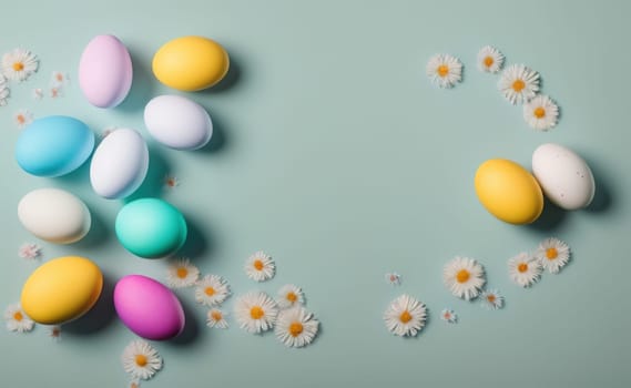 Minimalist, modern Easter background with flowers and Easter eggs in pastel colors with lots of free space on a soft blue background