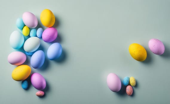 Minimalist, modern Easter background with flowers and Easter eggs in pastel colors with lots of free space on a soft blue background