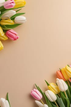 Colorful tulips and eggs lying on teal beige background with copy space for easter celebration