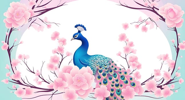 Peacock and cherry blossom background vector illustration. spring season