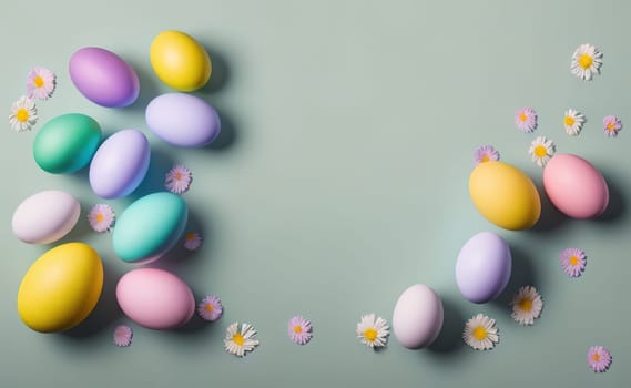Happy easter background with flowers and eggs lined with a frame for text pastel colors with lots of free space on a pale blue background