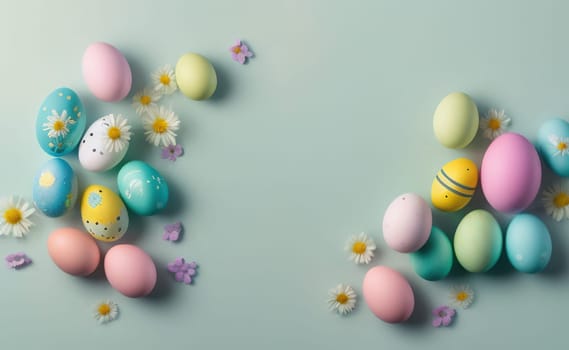 Happy easter background with flowers and eggs lined with a frame for text pastel colors with lots of free space on a pale blue background