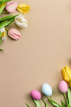 Colorful tulips and eggs lying on teal beige background with copy space for easter celebration