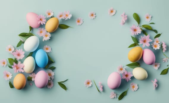 Happy easter background with flowers and eggs lined with a frame for text pastel colors with lots of free space on a pale blue background