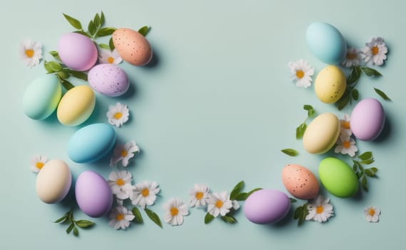 Happy easter background with flowers and eggs lined with a frame for text pastel colors with lots of free space on a pale blue background