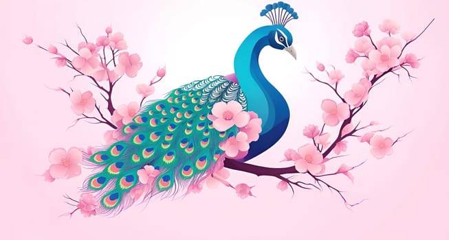 Peacock and cherry blossom background vector illustration. spring season