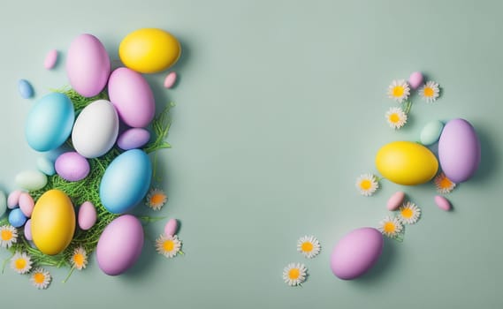 Happy easter background with flowers and eggs lined with a frame for text pastel colors with lots of free space on a pale blue background